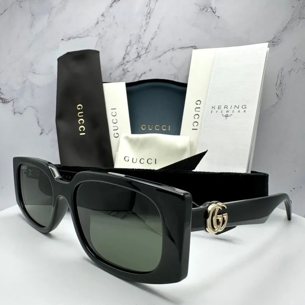 New Gucci Sunglasses Black Square Rectangular Gold Interlocking GG Metal Logo